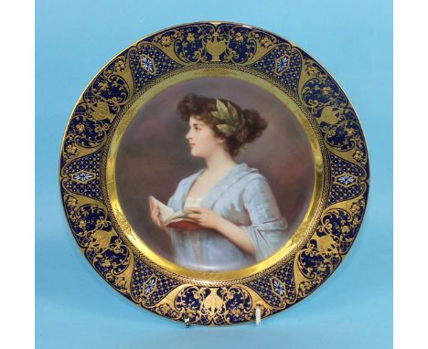 A 19th century "Vienna" porcelain plate, painted with a half-length portrait of Poesie, signed K Weigel within an elaborate g