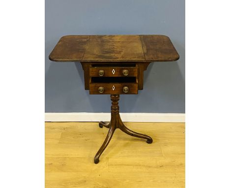 19th century mahogany work table with two drawers and dummy drawers to the reverse, with a turned central column set upon scr