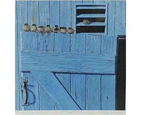 Framed and glazed limited edition lithographic print, Sparrows on a blue door, signed to border by artist MC Bain, 48 x 47cms