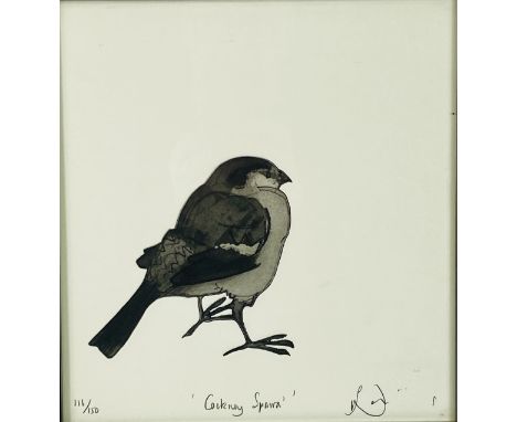 Three framed and glazed prints of birds; together with a framed and glazed limited edition print (No 11/160) of a dog, signed