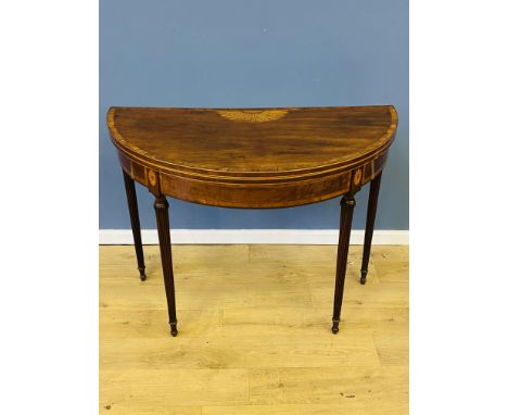 Georgian mahogany demi lune card table with extensive satinwood banding inlay and marquetry Prince of Wales feather decoratio