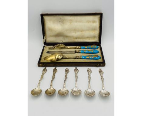 Set of six silver tea spoons, stamped to reverse Shanghai 900; 101gms; together with a French silver knife, fork and spoon se