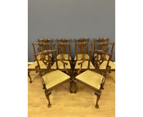 Set of ten 1920's mahogany Chippendale style chairs with splat backs set upon carved cabriole legs, to include eight dining c
