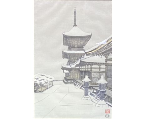 Framed and glazed woodblock print on silk of a temple in Kyoto, 39 x 26cms. Estimate £15-40.