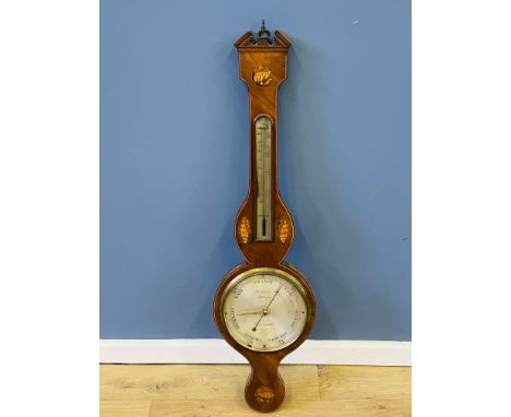 19th century wheel barometer and thermometer, with a silvered dial, white line and shell inlay, with pediment top and finial,