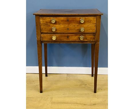 Small 19th century inlaid mahogany two drawer lamp table with brass handles and tapered legs, 51 x 35 x 67cms. Estimate £20-4