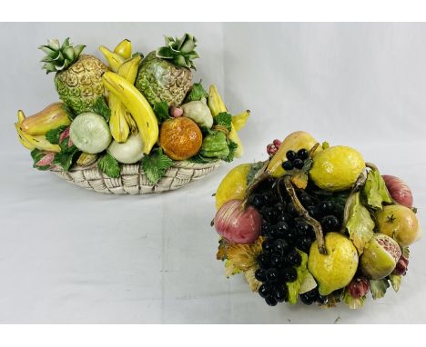 Capodimonte basket of fruit, 43 x 28cms; together with a ceramic basket of fruit, height 23cms. Estimate £20-40