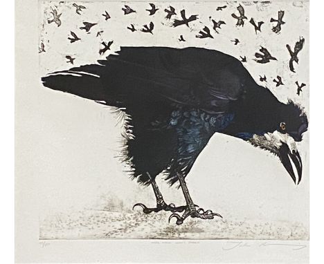 Framed and glazed limited edition print (No 75/150) of a crow, 41 x 46cms; together with a framed and glazed print of a crow,