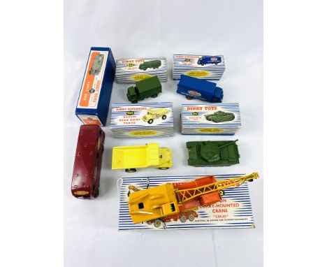 Six boxed Dinky model vehicles, guy van, ten tonne army truck, centurion tank, rear drum truck, 20 tonne lorry mounted crane 