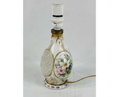 Opaque glass table lamp with hand painted flowers and gilt decoration, 27cms. Estimate £30-50.