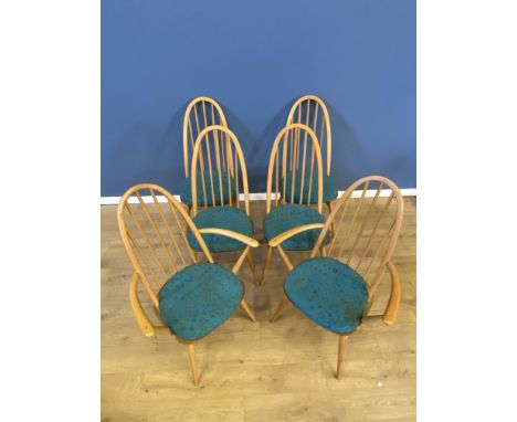 Set of six Ercol dining chairs with original blue fabric cushions, to include four dining chairs, 44 x 42 x 86cms and two elb
