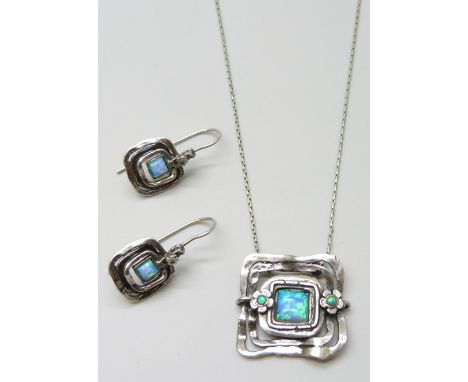 A pair of silver synthetic opal earrings, and a matching silver pendant, signed, 2.4cm
