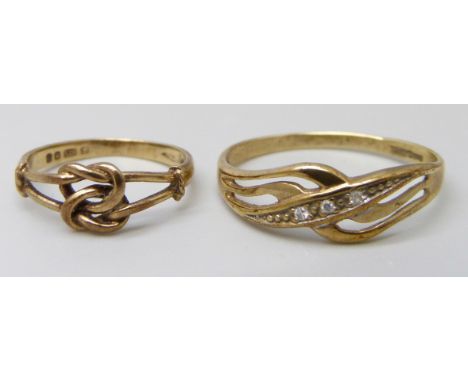 Two 9ct gold rings, one set with white spinel, 1.2g, Q, and a knot ring, 1g, F