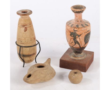To include two Greek vases 11cm high and 12cm high, a Roman period oil lamp and a clay bead, (4)    UK private collection.  *