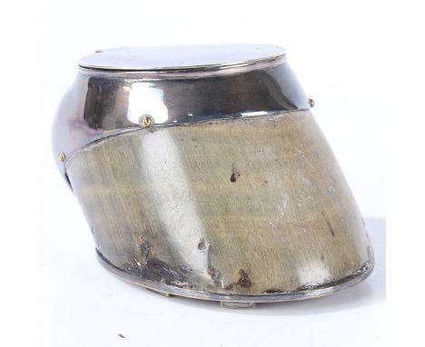 A Late 19th/Early 20th century Horse Hoof inkwell,  having silver plated mounts, 14.5cm deep 7.5cm high.  *CR  some tarnishin