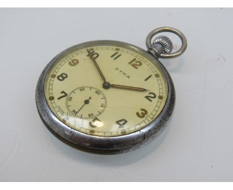 A Cyma WWII era G.S.T.P (General Service Timepiece) nickel cased manual wind pocket watch, no. T26679, case diameter 53mm