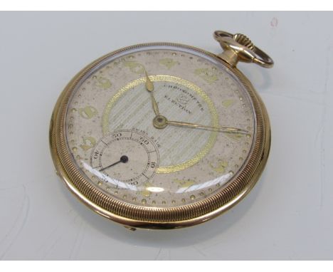 An Election early 20th Century 14K gold dress pocket watch of slim proportions, silvered Arabic dial with subsidiary seconds 