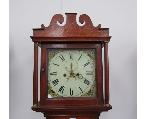 A late 18th/ early 19th Century East Anglian oak longcase clock with 8 day movement striking on a bell, 12" painted square Ro