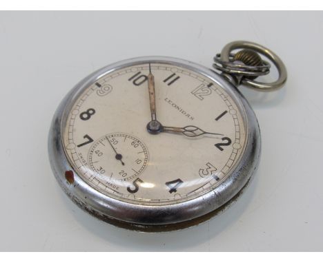 A Leonidas WWII era G.S.T.P (General Service Timepiece) nickel cased manual wind pocket watch no. 203196, case diameter 53mm