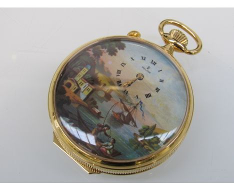 CHARLES REUGE a SAINT CROIX: a musical alarm pocket watch, printed seascape scene with couple fishing on jetty to foreground,