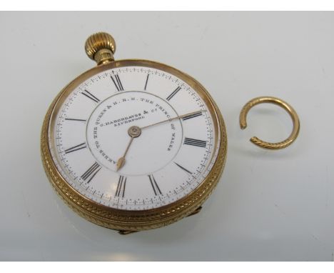 A late 19th/early 20th Century J. Hargreaves &amp; Co. Liverpool 18ct gold keyless pocket watch, Roman enamelled dial, gilt t