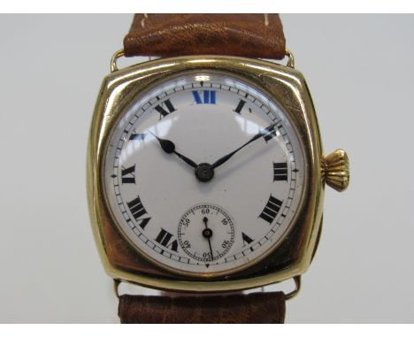 An early to mid 20th Century 18ct gold cushion cased cased manual wind wristwatch with Swiss 15 jewel movement, Roman enamell