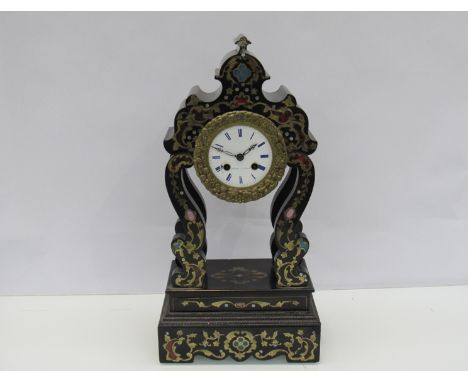 A mid 19th Century French ebonised and inlaid portico mantel clock, Roman enamelled dial signed Thomas, Paris with countwheel