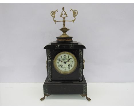 A 19th Century French slate mantel clock with painted Arabic enamelled dial, ormulu urn finial, lion mask handles and paw fee