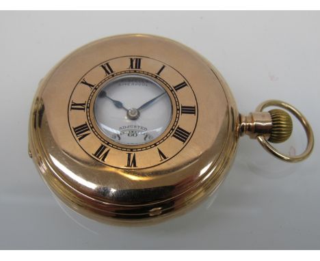 An early 20th Century 9ct gold half hunter pocket watch by Thos. Russell and Son, keyless manual wind signed movement, Roman 