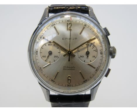 EPIKUR: a gent's manual wind chronograph wristwatch, silvered dial with twin registers at 9 and 3 o'clock, chromed case (some