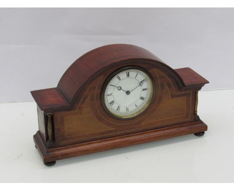 An Edwardian mahogany and inlaid desk timepiece of architectural form, Roman enamelled dial, Swiss 8 day drum movement with p