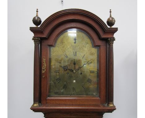 A George III oak longcase clock, the brass arched dial with Roman numerals signed Edward Blowers, Beccles with calendar wheel