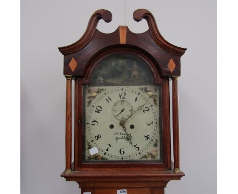 A George III oak and crossbanded longcase clock, painted Arabic arched dial with subsidiary seconds signed Wm. Peacock, Spald