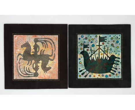 Two framed Russian ceramic tiles, one decorated with coloured beads, labels in cyrillic to the reverse, framed. H.26 W27cm. 