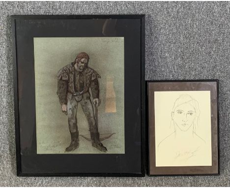 A framed and glazed watercolour, costume design, King's Soldier and a pen portrait study, both indistinctly signed. H.69 W.55