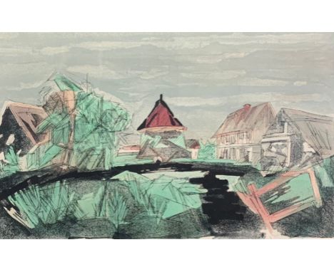 A framed and glazed limited edition etching, village setting, signed and numbered. H.49 W.66cm 