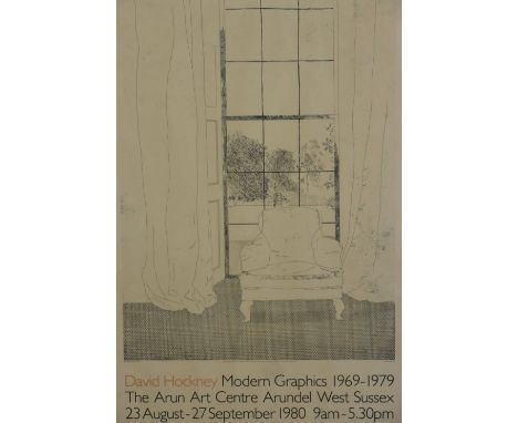 A David Hockney exhibition poster from the early 1980's, Modern Graphics 1969-1979. Framed and glazed. H.83 W.52cm. 