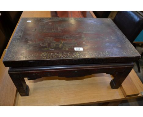 A Chinese lacquer low tea table, decorated in gilt  with monumental landscape, shaped apron, scroll feet, 30cm high, 59.5cm w