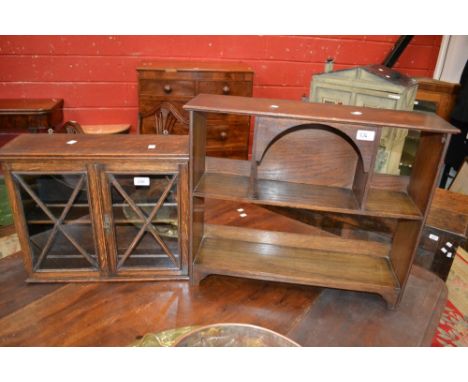 A small oak wall hanging two door cabinet;  a similar open shelf (2)