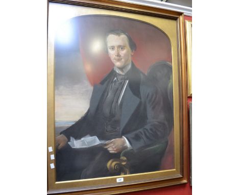 English School (mid-19th century)Portrait of a Gentleman, three-quarter length, seated on a spoon back armchair, wearing stif