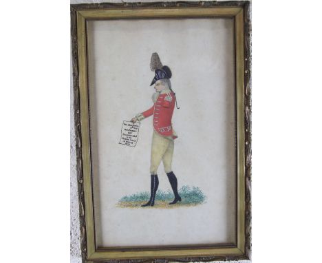 Early-19th century English School PORTRAIT OF AN INJURED SOLDIER, HIS LEFT ARM AMPUTATED, HOLDING A NOTICE "JOHN HUMPHRIES 31