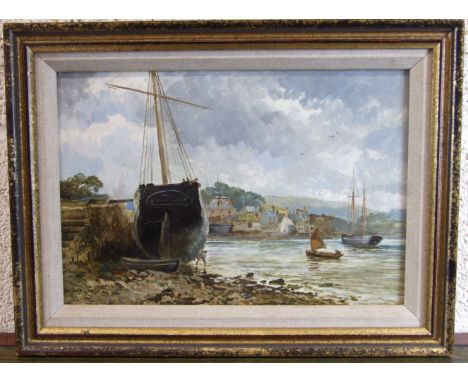 William Henry Pike, (1846-1908) BOATS MOORED AT ORESTON, NR PLYMOUTH Unsigned oil on board, inscribed in pencil verso, 24 x 3