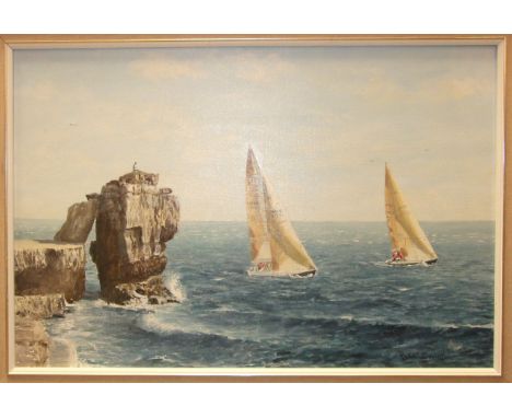 **Robin Davidson (20th/21st Century) THE 1987 FASTNET RACE, TWO AMERICAN BOATS PASSING PULPIT ROCK ON PORTLAND Signed oil on 