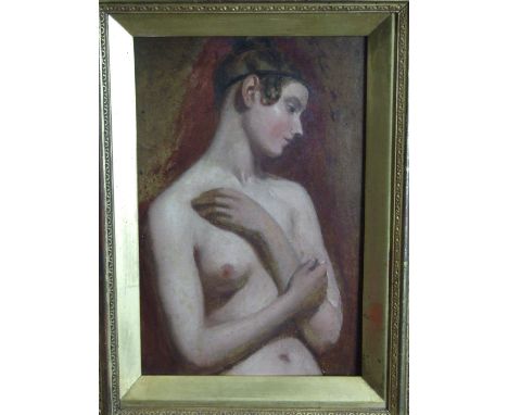 19th century English School THREE-QUARTER LENGTH PORTRAIT OF A NAKED GIRL Unsigned oil on board, 30 x 22cm.