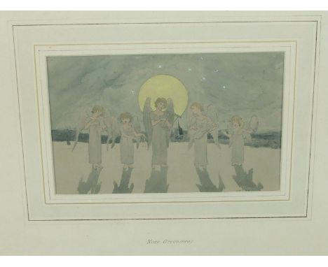 Kate Greenaway (1846-1901) FIVE ANGELS PLAYING MUSICAL INSTRUMENTS, MOON AND STARS BEHIND Probably a book illustration, unsig