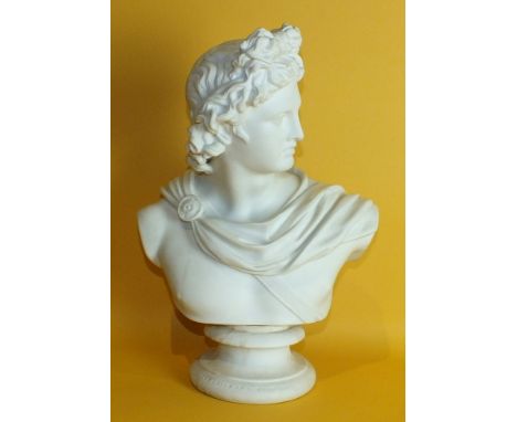 C Delpech, a parian ware bust of a young male figure draped in a cloak, 'Art Union of London, 1861', raised on a plinth, 36cm