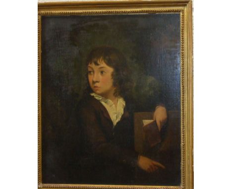 Style of Chalon, c1810 THREE-QUARTER LENGTH PORTRAIT OF A MEMBER OF THE VAUX FAMILY, STANDING IN WHITE SHIRT AND BROWN TUNIC,