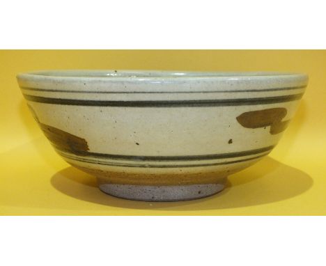 A Bernard Leach studio pottery bowl decorated with brown 'Z' flashes within black bands, St Ives seal and Bernard Leach scrip