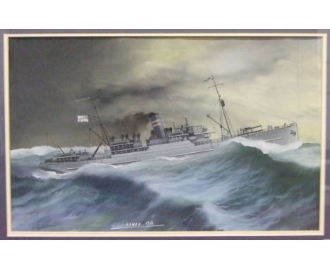 Early-20th century Marine School HMS ROWAN, A COMMISSIONED MERCHANT VESSEL Unsigned gouache, titled and dated 1916, inscribed