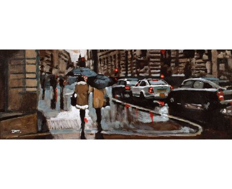 David Coulter (British 20th/21st century) "Long Wet Stroll" Initialled, titled on verso, acrylic on canvas.19 x 49cm (framed 